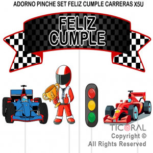 ADORNO PINCHE PARA TORTA FELIZ CUMPLE AUTO DE CARRERA x 5 UNIDADES